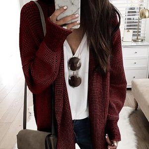 Burgandy Long Sleeve Open Front Cardigan Oversized Chunky Knit Sweater